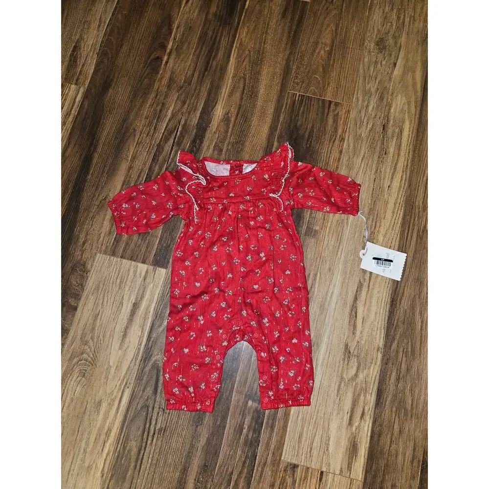 Cloud Island Baby Girls' Christmas Holiday Floral Romper, 0-3M, Red